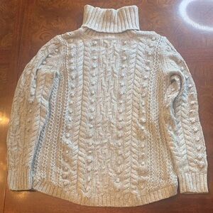 GAP Light Grey/Cream Marle Popcorn Cable-Knit Turtleneck Sweater